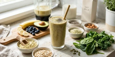 Plant-based meal shake in a glass surrounded by oats, spinach, banana, blueberries and seeds