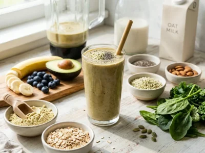 Plant-based meal shake in a glass surrounded by oats, spinach, banana, blueberries and seeds